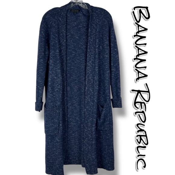 Banana Republic Aire Long Cardigan Sweater Blue Pockets Duster Open Womens Sz M - Picture 1 of 10